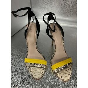 Aldo Snakeskin Embossed Stiletto Sandals Yellow Black Ankle Strap Heels